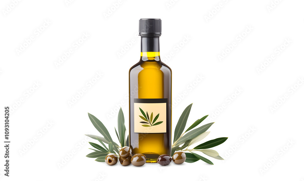 Olive branch and bottle of olive oil isolated on a white background Olive branch and bottle of olive oil isolated on a white background