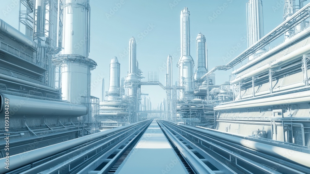 Futuristic Industrial Landscape with Pipelines and Towers, Showcasing a Complex Network of Machinery and Structures in a Modern Setting Futuristic Industrial Landscape with Pipelines and Towers, Showcasing a Complex Network of Machinery and Structures in a Modern Setting