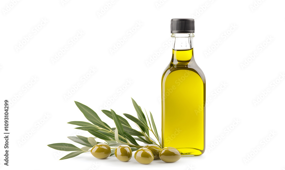 Olive branch and bottle of olive oil isolated on a white background Olive branch and bottle of olive oil isolated on a white background