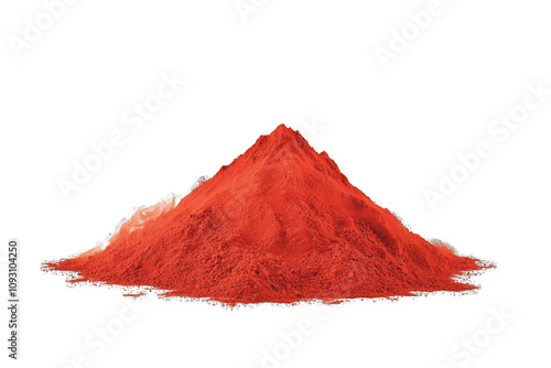 A mound of red paprika, finely scattered with texture, against a bright white background. photo