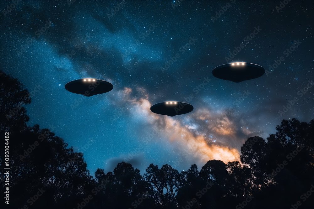 A fleet of UFOs in a starry night sky, metallic and sleek designs, glowing softly against a Milky Way background A fleet of UFOs in a starry night sky, metallic and sleek designs, glowing softly against a Milky Way background