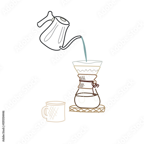 Drip filter coffee brewing. pouring hot water over filter with ground coffee in the funnel. making a drip coffee, pouring hot water from kettle over a ground coffee powder. line art style. sketch