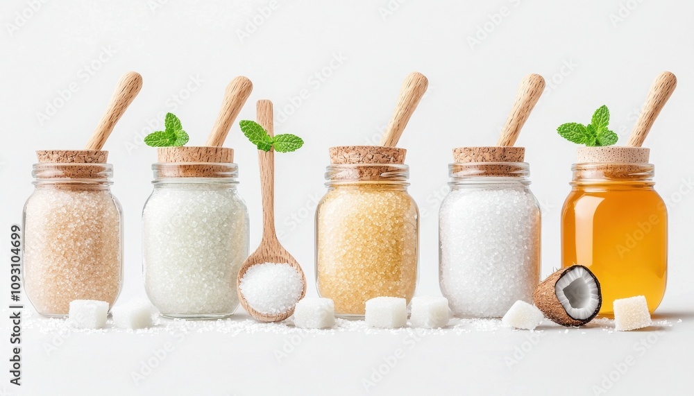 A colorful array of naturally sweet ingredients in glass jars with wooden spoons. A colorful array of naturally sweet ingredients in glass jars with wooden spoons.