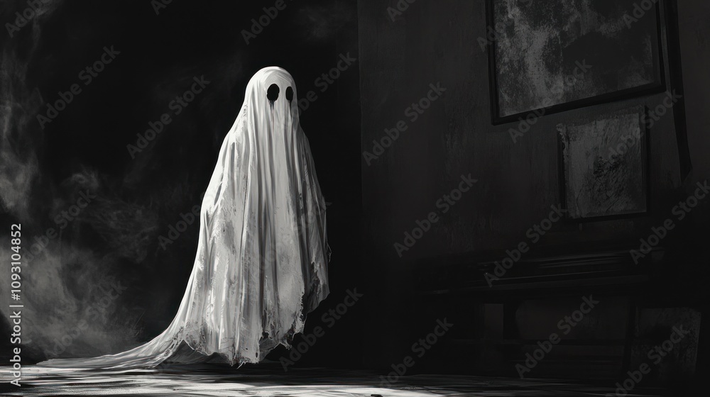 Mysterious Ghostly Figure in Abandoned Room Evoking Eerie Atmosphere with Dark Shadows and Haunting Presence in Black and White Photography Style Mysterious Ghostly Figure in Abandoned Room Evoking Eerie Atmosphere with Dark Shadows and Haunting Presence in Black and White Photography Style