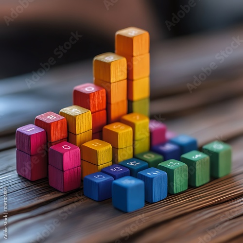 Creative colorful wooden blocks stacked playfully indoor learning space educational toys close-up playfulness