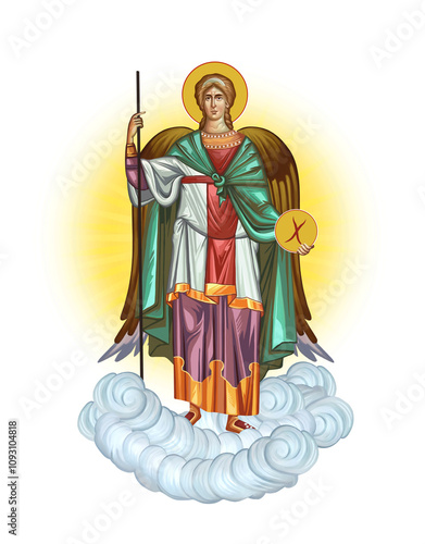 Archangel Michael on heaven in sunny rays. Illustration in Byzantine style