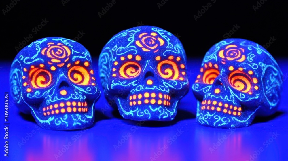 Vibrant day of the dead skulls studio artistic display neon glow close-up cultural significance Vibrant day of the dead skulls studio artistic display neon glow close-up cultural significance
