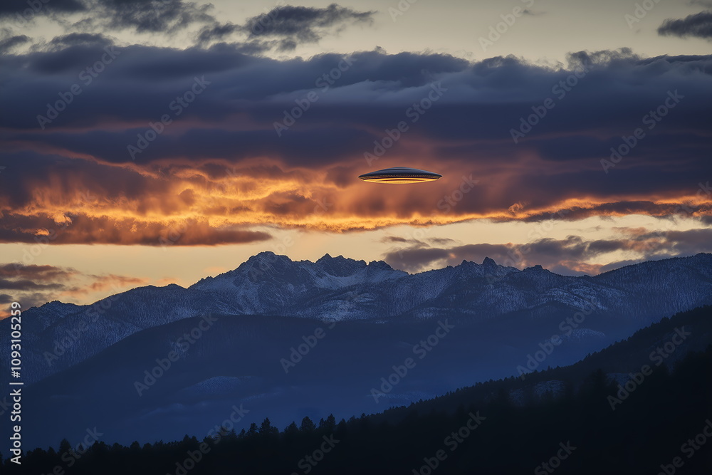 A UFO emerging from clouds over a mountain range at dawn, scenic and powerful A UFO emerging from clouds over a mountain range at dawn, scenic and powerful