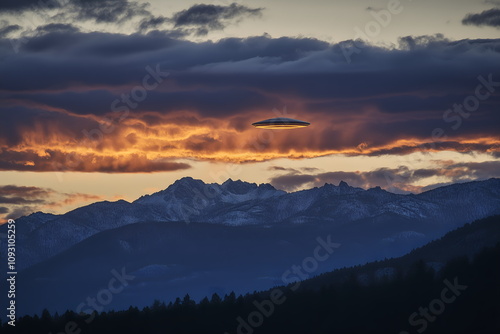 A UFO emerging from clouds over a mountain range at dawn, scenic and powerful