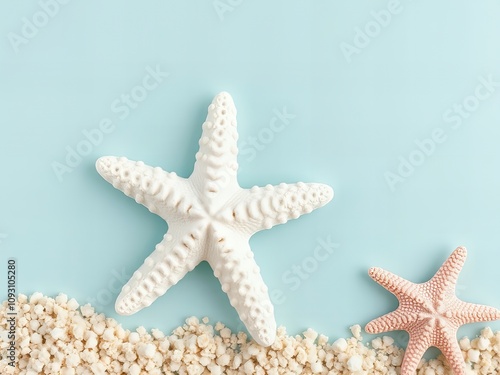 there are two starfishs on the sand with shells. photo