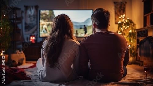 Unwinding Together: A Blissful Back View of a Young Couple Gaming on TV