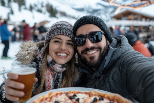 A vibrant outdoor scene where a couple joyfully raises their drinks while next to a delicious pizza plate, embodying celebration and happiness.