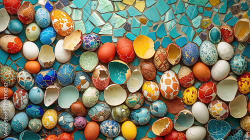 Colorful Mosaic of Painted Eggshells on Vibrant Tile Background Showcasing Artistic Creativity and Unique Patterns photo