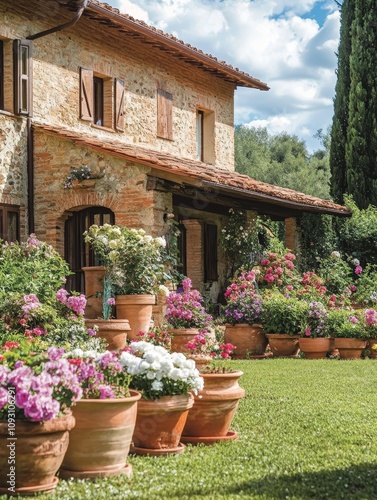 Vibrant Flower Garden Frames a Rustic Stone House, Capturing the Essence of a Tranquil Italian Countryside Afternoon