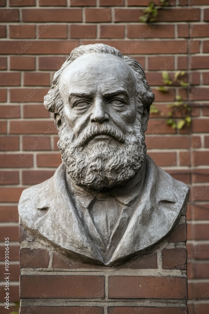 Fototapeta premium Karl Marx Birthday Historical sculpture of bearded man with brick wall background for art and history themes