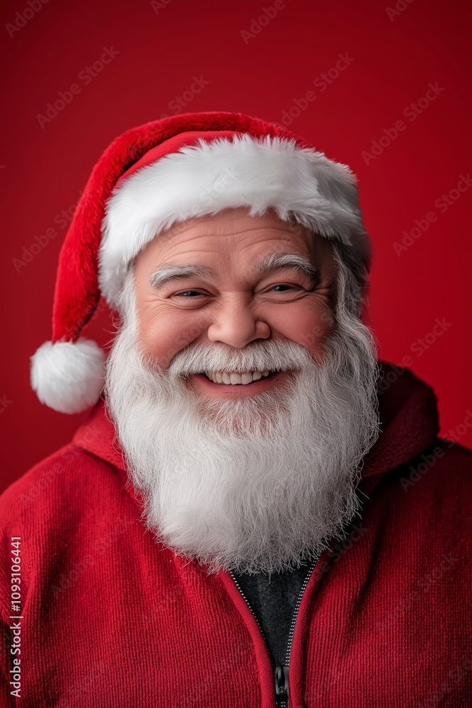 A smiling man with a red hat and beard is wearing a red jacket. He is wearing a Santa hat and smiling A smiling man with a red hat and beard is wearing a red jacket. He is wearing a Santa hat and smiling