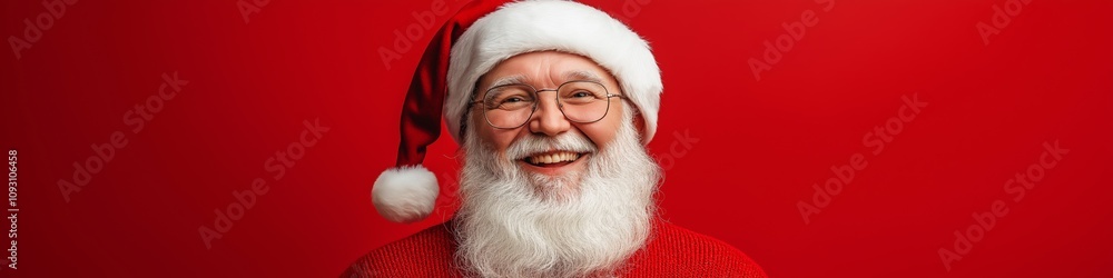 A smiling man in a red hat and glasses is wearing a red sweater. He is wearing a Santa hat and glasses A smiling man in a red hat and glasses is wearing a red sweater. He is wearing a Santa hat and glasses