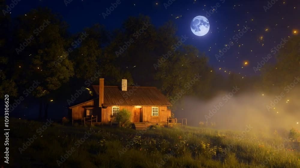 house in the woods, Artificial intelligence of a wooden house in a beautiful forest, lit by the full moon and many fireflies. house in the woods, Artificial intelligence of a wooden house in a beautiful forest, lit by the full moon and many fireflies.