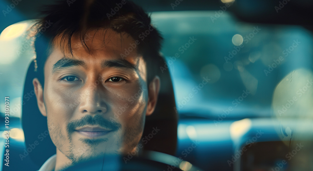 close up of an asian man looking through the windscreen close up of an asian man looking through the windscreen