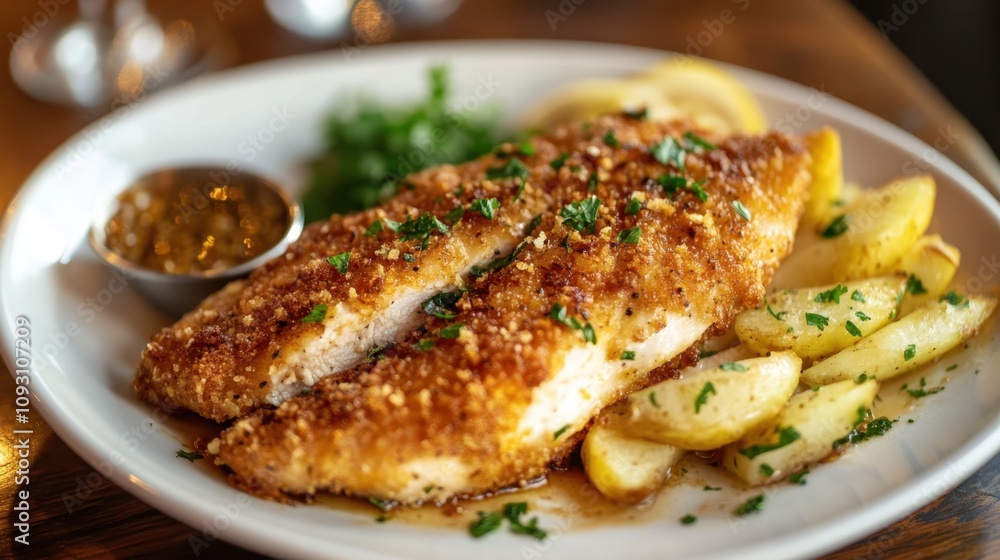 Garlic Breaded Roast Chicken Breast Crispy breaded fish fillet with lemon wedges and herb garnish for gourmet dining experience Garlic Breaded Roast Chicken Breast Crispy breaded fish fillet with lemon wedges and herb garnish for gourmet dining experience