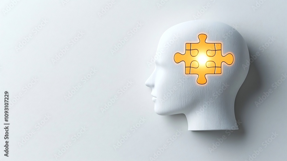 Conceptual image of a human head design with a glowing puzzle piece centerpiece symbolizing mental health solutions and the power of the mind to find innovative answers on a white backdrop Conceptual image of a human head design with a glowing puzzle piece centerpiece symbolizing mental health solutions and the power of the mind to find innovative answers on a white backdrop