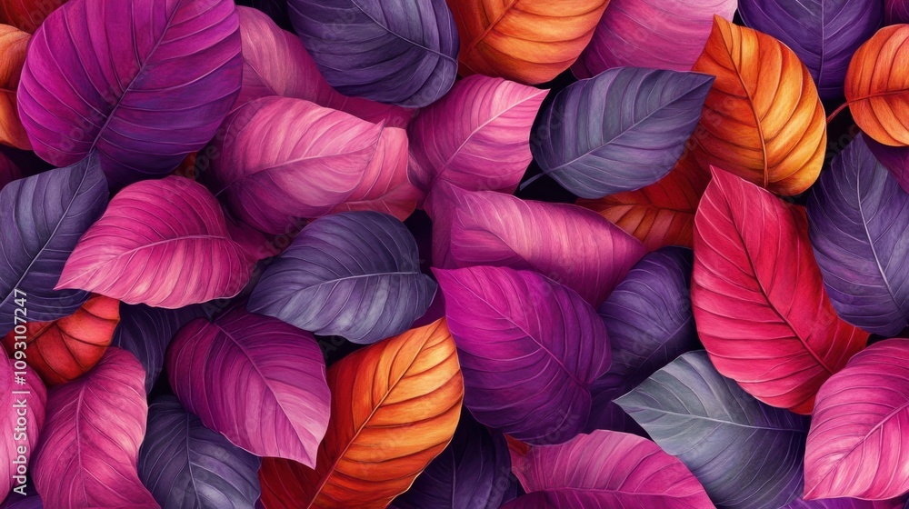 Vibrant and Colorful Leaves Background with Shades of Purple, Orange, Pink, and Red in a Beautiful Abstract Nature Pattern for Artistic Inspiration Vibrant and Colorful Leaves Background with Shades of Purple, Orange, Pink, and Red in a Beautiful Abstract Nature Pattern for Artistic Inspiration