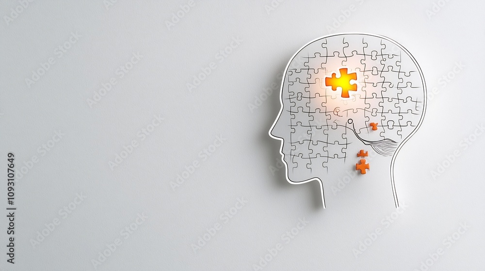 Glowing human head outline with a radiant puzzle piece representing the concept of mental health and awareness on a minimal white canvas This digital showcases a symbolic Glowing human head outline with a radiant puzzle piece representing the concept of mental health and awareness on a minimal white canvas This digital showcases a symbolic