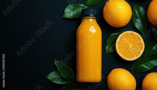 Fresh orange juice in a bottle surrounded by whole and sliced oranges and green leaves. photo