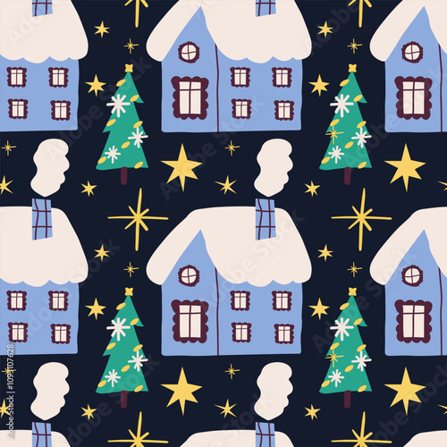 Winter house, decorated Christmas tree seamless pattern. Christmas endless ornament. New Year abstract trend background. Country night winter landscape.
