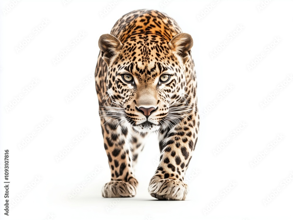 This striking photo captures a cheetah walking forward, staring straight ahead with an intense gaze. The isolated white background highlights its powerful frame and wild energy This striking photo captures a cheetah walking forward, staring straight ahead with an intense gaze. The isolated white background highlights its powerful frame and wild energy