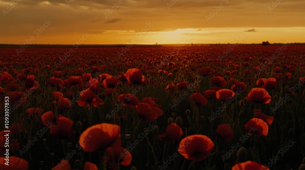 Obraz premium Vibrant Field of Red Poppies Under a Golden Sunset Sky, Capturing Nature's Beauty and Serenity in a Picturesque Landscape of Blossoming Flowers