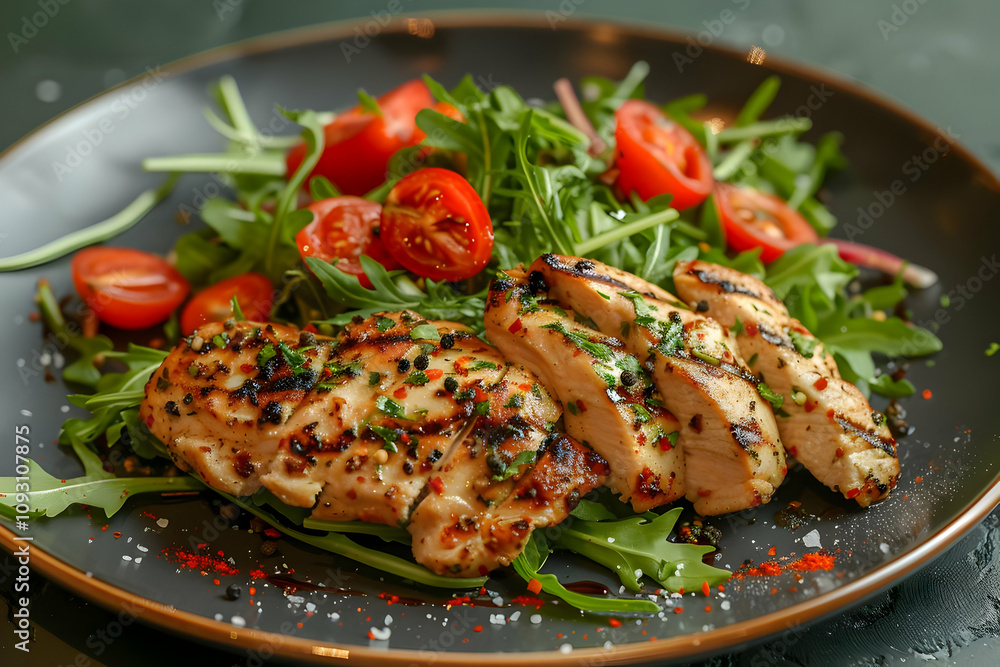 Photo Grilled Chicken Salad with Arugula and Tomatoes Photo Grilled Chicken Salad with Arugula and Tomatoes