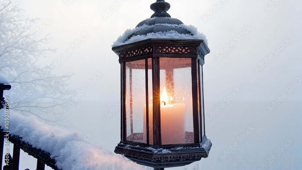 A lantern with a glowing candle inside, surrounded by snow-covered ground, as the first light of morning illuminates the scene A lantern with a glowing candle inside, surrounded by snow-covered ground, as the first light of morning illuminates the scene