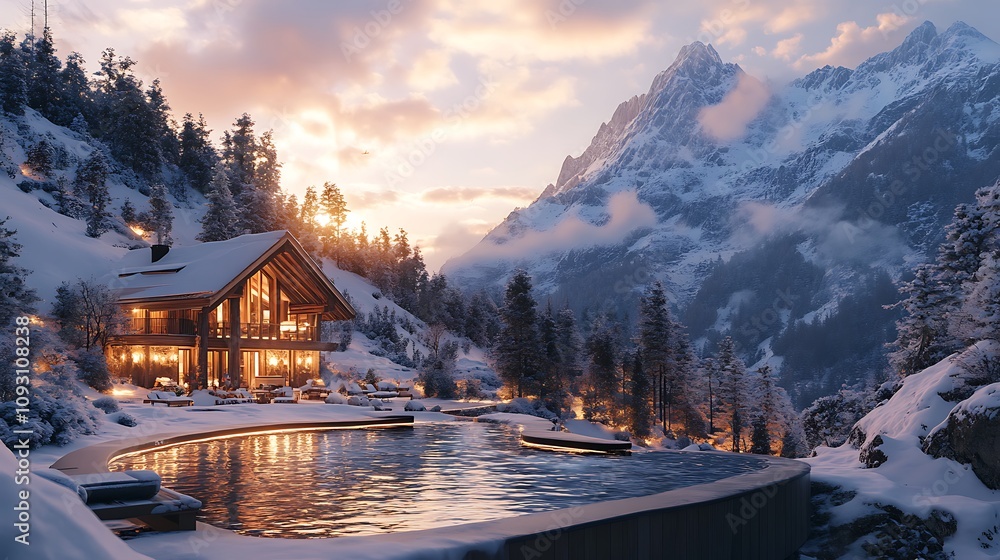 Fototapeta premium Winter mountain lodge retreat scenic landscape nature relaxation