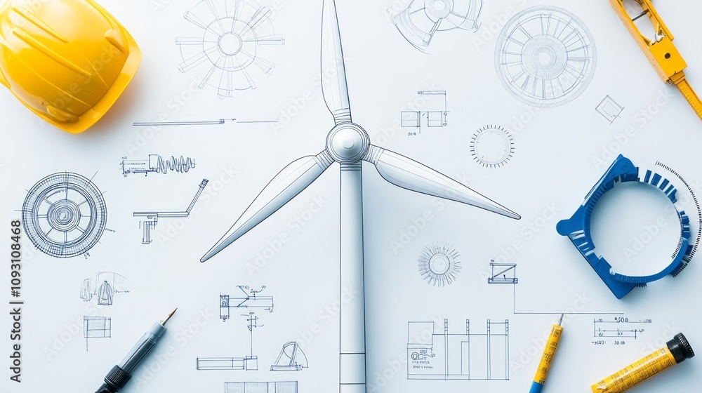 Wind turbine component kit layout factory technical illustration workshop top view renewable energy Wind turbine component kit layout factory technical illustration workshop top view renewable energy