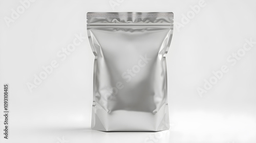 White grey silver foil blank bag package on white background aluminium bag Packaging sachet mockup food branding packaging 3D rendering.