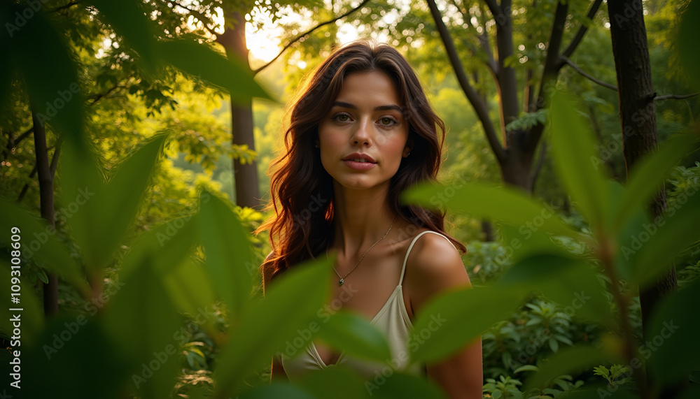 Serene portrait of a person surrounded by lush foliage, illuminated by warm dappled sunlight Serene portrait of a person surrounded by lush foliage, illuminated by warm dappled sunlight