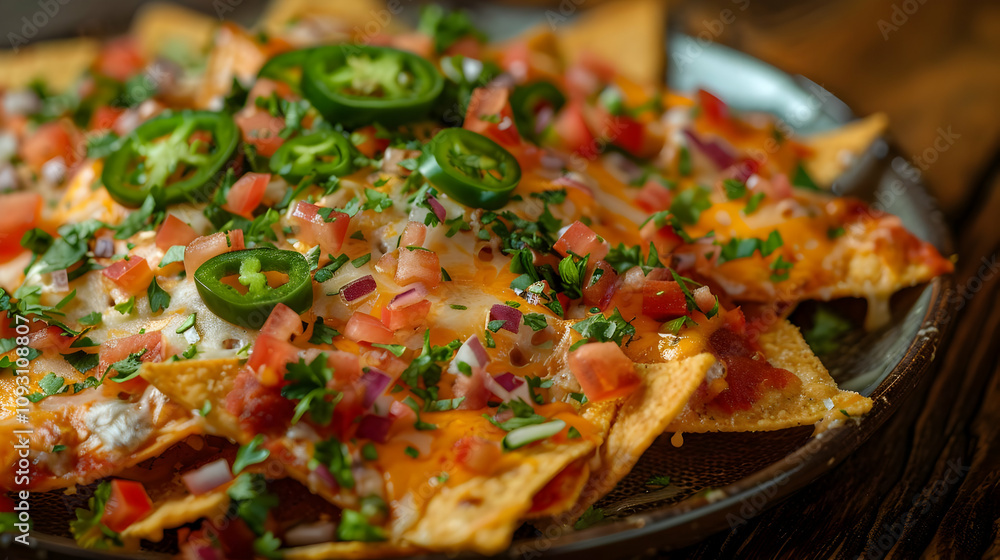 Photo, Delicious Nachos with Cheese, Tomatoes, Jalape?os, and Onions Photo, Delicious Nachos with Cheese, Tomatoes, Jalape?os, and Onions