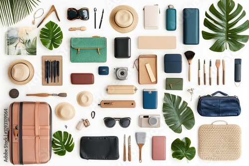 A mood board of travel essentials collection of luggage and accessories trendy travel items collage on white flat lay top view. Isolated on a white background