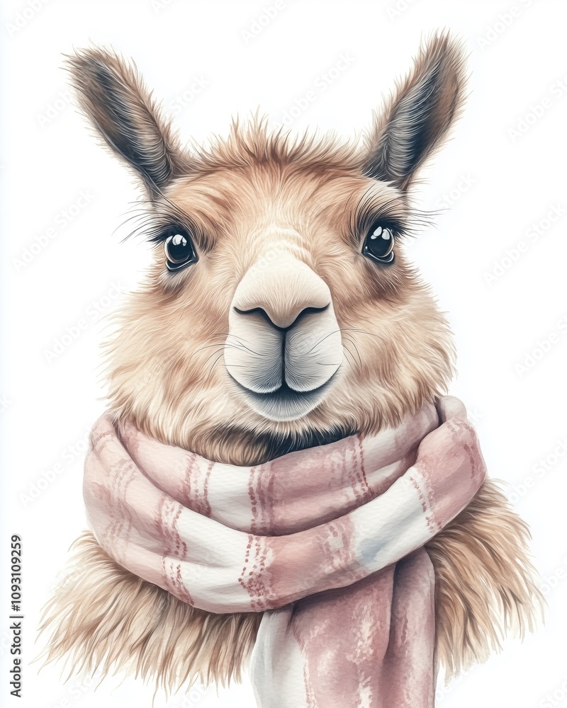 Fototapeta premium Detailed lama portrait with a scarf, painted in a light, airy style. The warm, cheerful expression and isolated design make it ideal for Christmas or seasonal illustrations