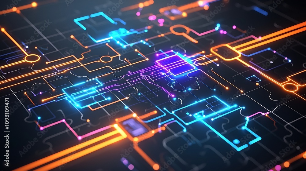 Seamlessly Connected Futuristic Glowing Puzzle Pieces with Neon Blue Orange and Purple Lights and Intricate Circuit like Designs Set Against a Modern Abstract Digital Background Seamlessly Connected Futuristic Glowing Puzzle Pieces with Neon Blue Orange and Purple Lights and Intricate Circuit like Designs Set Against a Modern Abstract Digital Background