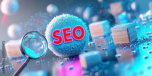 SEO wooden blocks magnifying glass concept. A vibrant digital representation of SEO concepts, featuring a magnifying glass and a fluffy sphere labeled "SEO" amidst colorful blocks and particles.