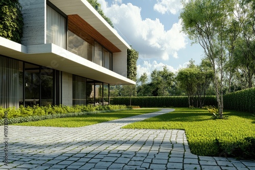 Modern Urban Residence with Paved Driveway and Green Lawn under Clear Skies