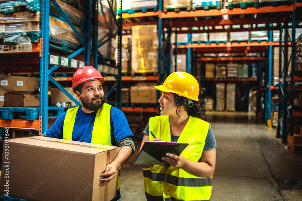Warehouse workers in hard hats checking inventory and lifting boxes Warehouse workers in hard hats checking inventory and lifting boxes