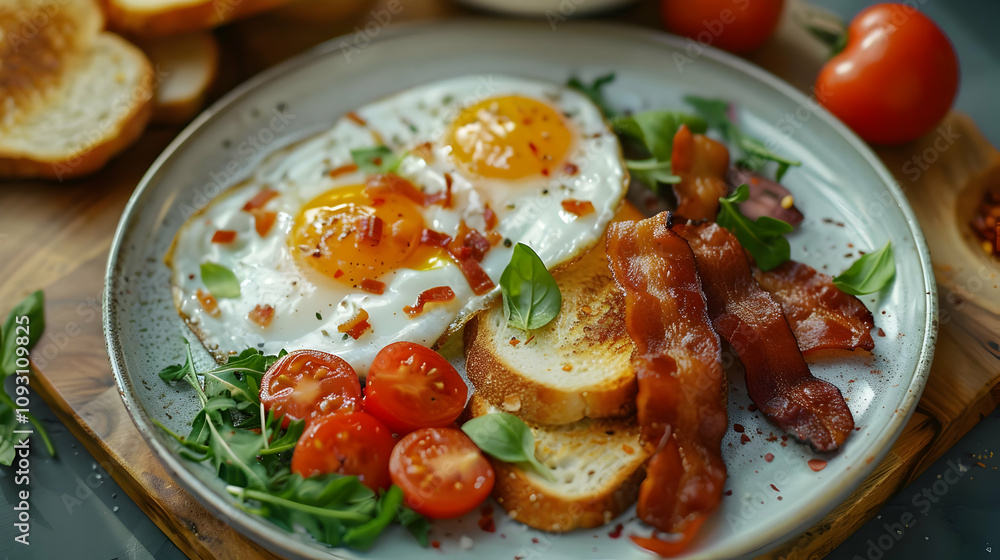 Photo: Delicious Breakfast with Eggs, Bacon, Toast, Tomatoes, and Arugula Photo: Delicious Breakfast with Eggs, Bacon, Toast, Tomatoes, and Arugula