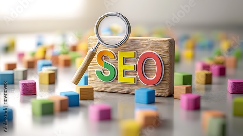 SEO wooden blocks magnifying glass concept. A colorful arrangement of blocks and a magnifying glass highlighting the letters "SEO," symbolizing search engine optimization and digital marketing.