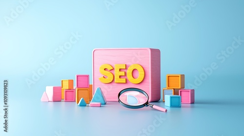 SEO wooden blocks magnifying glass concept. A colorful arrangement of geometric blocks with "SEO" prominently displayed, symbolizing digital marketing and optimization concepts.