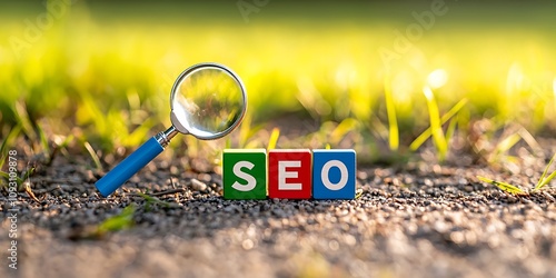 SEO wooden blocks magnifying glass concept. A magnifying glass hovers over colorful blocks spelling "SEO," set against a blurred green background, symbolizing search engine optimization.