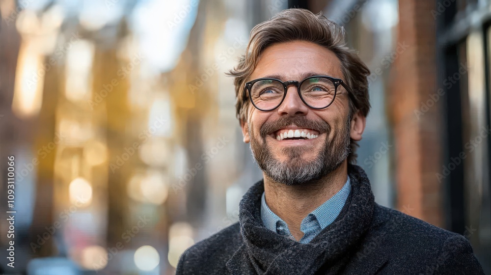 A smiling man in a cozy sweater, enjoying a sunny day in an urban setting. A smiling man in a cozy sweater, enjoying a sunny day in an urban setting.