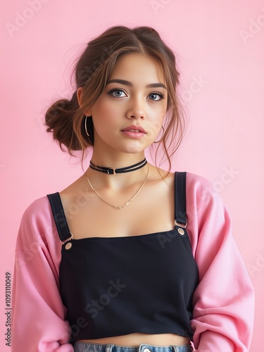  woman with a pink shirt and black top and a choker. photo